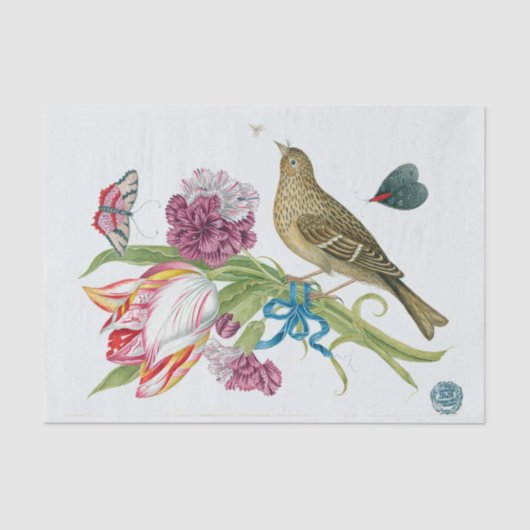 Antiker Tulpe-Blumenstrauß mit Vogel Seidenpapier (Vorderseite)