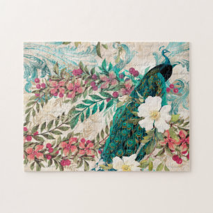 Antiker Türkisfarbener Pfau und Rosa Blumenmuster Puzzle
