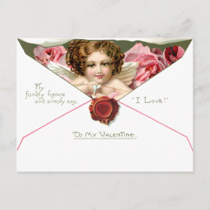 Antiker Valentinsbote mit rosa Rosen Postkarte