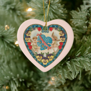 Antiker Valentinstag, Vintage Engel im Herzen Keramikornament
