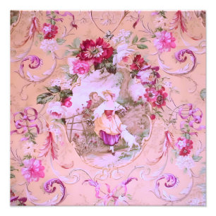 Antiker Viktorianischer Rokoko-Stil Blumenrosa Fotodruck