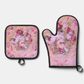 Antiker Viktorianischer Rokoko-Stil Blumenrosa Ofenhandschuh & Topflappen-Set (Vorderseite)