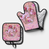 Antiker Viktorianischer Rokoko-Stil Blumenrosa Ofenhandschuh & Topflappen-Set (Vorderseite/Rückseite)