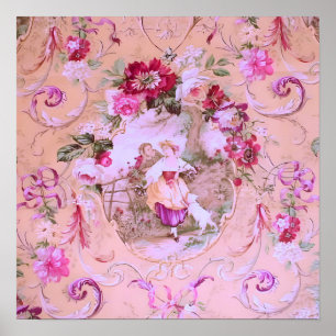 Antiker Viktorianischer Rokoko-Stil Blumenrosa Poster