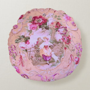 Antiker Viktorianischer Rokoko-Stil Blumenrosa Rundes Kissen