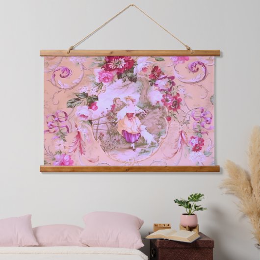 Antiker Viktorianischer Rokoko-Stil Blumenrosa Wandteppich Mit Holzrahmen (Schlafzimmer)