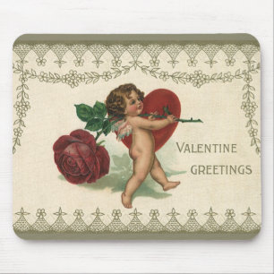 Antiker viktorianischer Valentins-Engel mit Rose u Mousepad