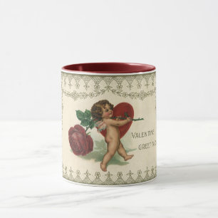 Antiker viktorianischer Valentinscherub, Rose und  Tasse
