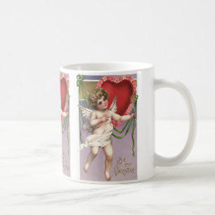 Antiker viktorianischer Valentinstag-Cupid mit Her Kaffeetasse