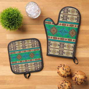 Antiker Vintage Grün Blau Kilim Türkischer Teppich Ofenhandschuh & Topflappen-Set