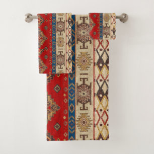 Antiker Vintage Rot Blau Kilim Türkisch Badhandtuch Set
