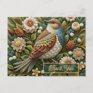Antiker Vogel im Wald Stickereilook Dankeschön Postkarte