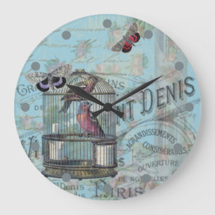 Antiker Vogelfiguren-Käfig Blaue Pariser Shabby Ch Große Wanduhr