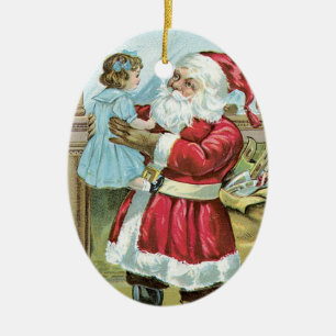 Antiker Weihnachtsmann mit Kind - oval Keramikornament
