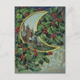 Antiker Weihnachtspostkarte Holly & Crescent Moon Feiertagspostkarte