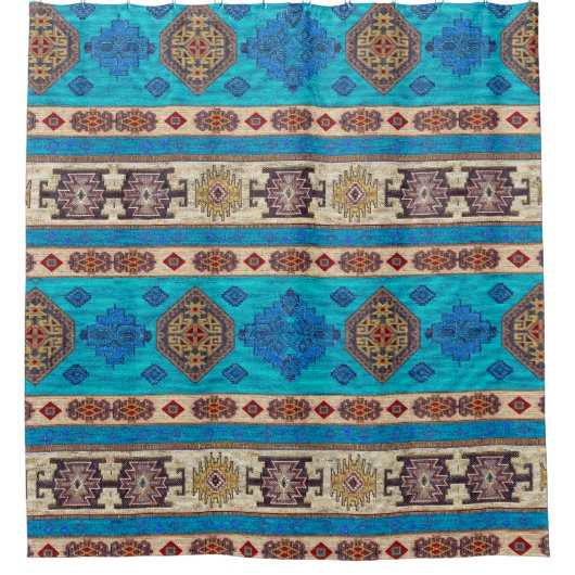 Antikes Aqua Blue Pale Gold Türkisches Kilim Rug Duschvorhang (Vorderseite)
