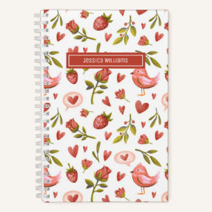 Antikes Aquarell-Blumen-Rot-Rosen-Vogel-Muster Notizblock