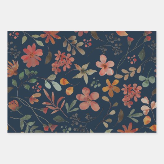 Antikes Aquarell Druckflora auf Marine Geschenkpapier Set (Vorderseite)