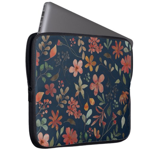 Antikes Aquarell Druckflora auf Marine Laptopschutzhülle (Vorne Rechts)