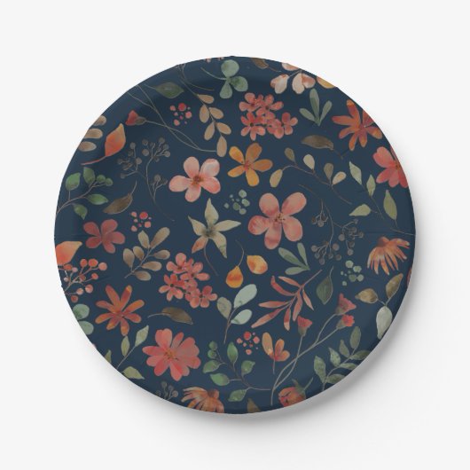 Antikes Aquarell Druckflora auf Marine Pappteller (Vorderseite)