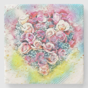 Antikes Aquarell von farbenfrohen Rosen Herz Steinuntersetzer