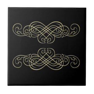 Antikes Art Deco Schwarz Weiß und Gold Scroll Fliese