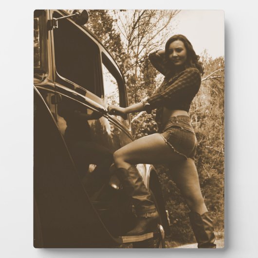Antikes Auto und Mädchen Fotoplatte (Vorderseite)