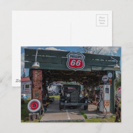 Antikes Auto und Pump Postkarte (Vorne/Hinten)