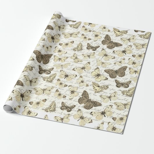 Antikes beige Schmetterlingsmuster mit Schrift Geschenkpapier (Ungerollt)