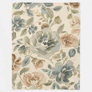 Antikes Blau Braun Salbei Beige Aquarell Blumen Fleecedecke