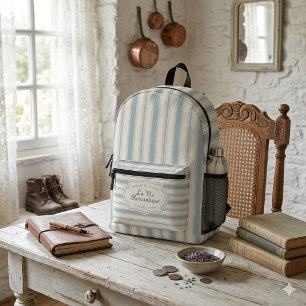 Antikes Blau & Creme gestreiftes französisches Lan Bedruckter Rucksack