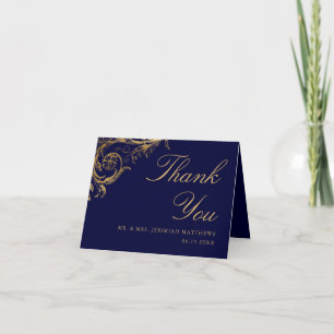 Antikes Blau Gold Blumen Damast Schrift Hochzeit Dankeskarte