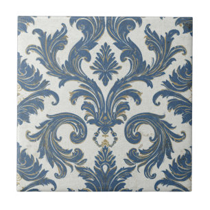 Antikes Blau und Gold Barock Damast Fliese