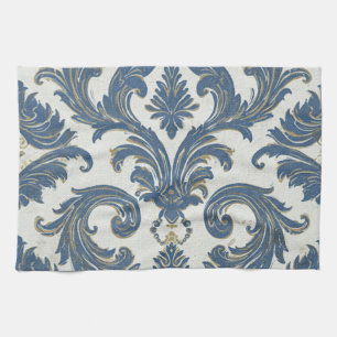 Antikes Blau und Gold Barock Damast Geschirrtuch
