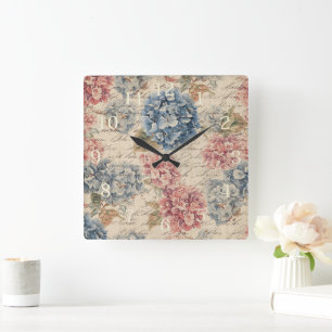 Antikes Blau und Rosa Hortensien-Ephemere Schrift  Quadratische Wanduhr