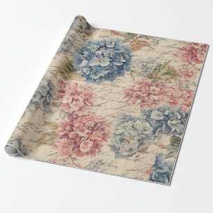 Antikes Blau und Rosa Hortensien-Ephemeren-Skript Geschenkpapier