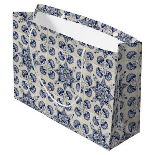 Antikes Blau Weiß Geometrisches Blumenmuster Große Geschenktüte