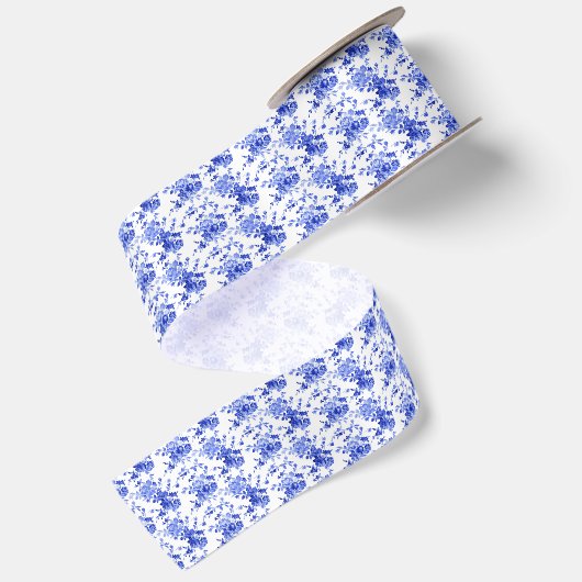 Antikes blau-weißes Blumenmuster Satinband (Rückseite)