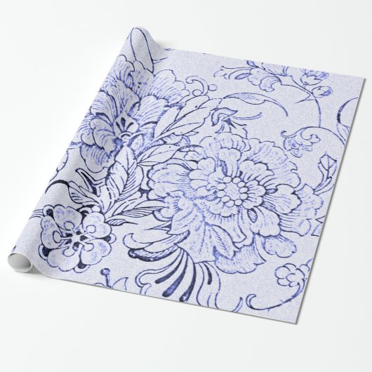 Antikes Blaues Blumenmuster Geschenkpapier (Ungerollt)