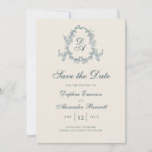 Antikes blaues Blumenmuster mit Monogramm Save The Date (Vorderseite)