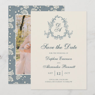 Antikes blaues Blumenmuster mit Monogramm Save The Date