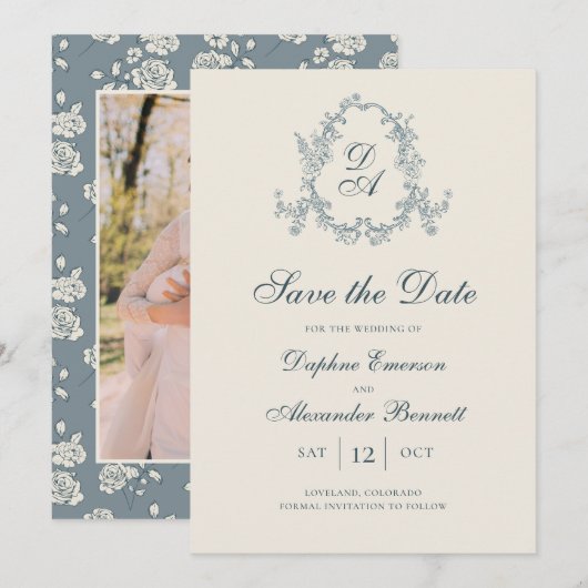 Antikes blaues Blumenmuster mit Monogramm Save The Date (Vorne/Hinten)