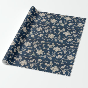 Antikes blaues Chinoiserie-Geschenkpapier mit Blum Geschenkpapier