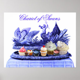 ANTIKES BLAUES SCHWANEN-GESPANN MIT CUPCAKES POSTER