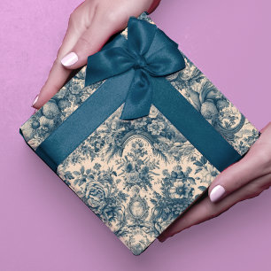 Antikes blaues Toile de Jouy Blumenmuster Geschenkpapier