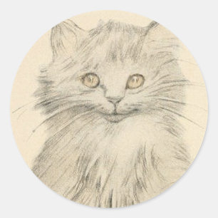 Antikes Bleistift-Zeichnung Katzen-Porträt Aufkleb Runder Aufkleber