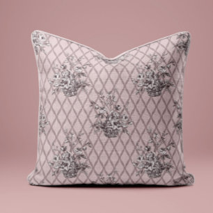 Antikes Blumen-Toile-Wurfkissen in Rosa Kissen
