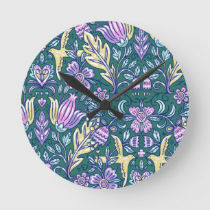 Antikes Blumen- und Vögel-Muster Runde Wanduhr