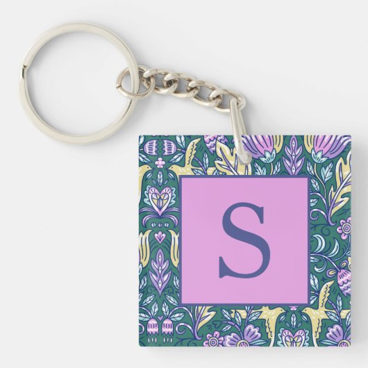 Antikes Blumen- und Vögelmuster-Monogramm Schlüsselanhänger (Vorderseite)