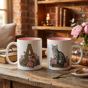 Antikes Blumenkatzen-Monogramm-Tasse Zweifarbige Tasse